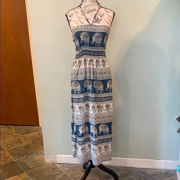 Thai Blue Elephant Print Boho Maxi Halter Sundress Dress Approx. Women’s Small - Picture 1 of 6